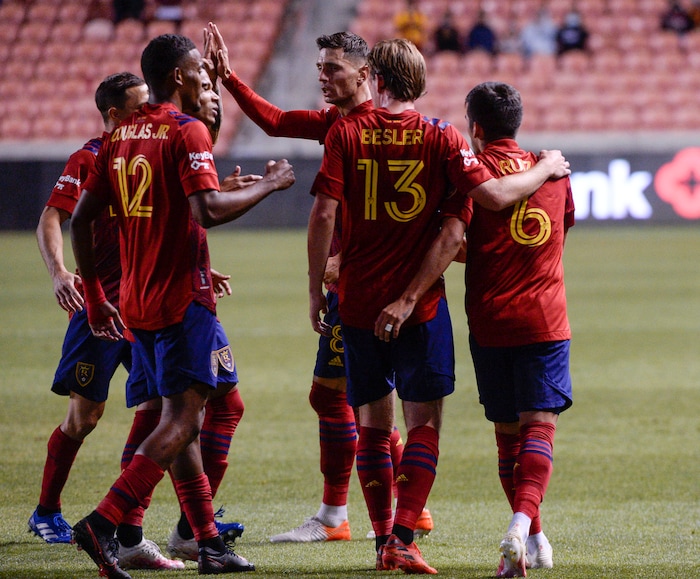 (Leah Hogsten  |  The Salt Lake Tribune) Real Salt Lake midfielder Damir Kreilach (8) celebrates his first half goal with the team as Real Salt Lake hosts the Portland Timbers, Oct. 14, 2020.
