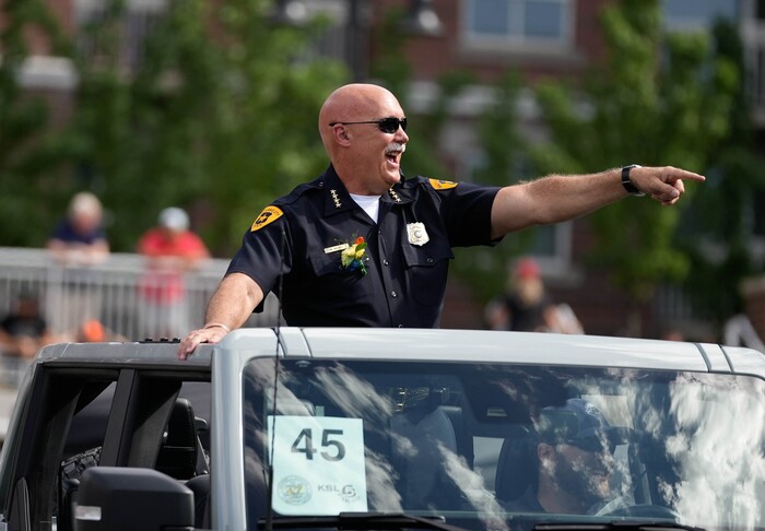(Francisco Kjolseth | The Salt Lake Tribune) Salt Lake City police chief Mike Brown participates in the Days of ’47 Parade in Salt Lake City on Saturday, July 23, 2022.