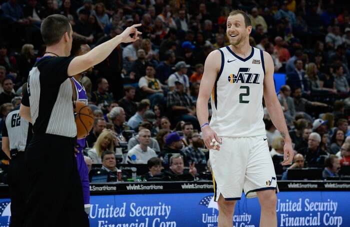 (Francisco Kjolseth  |  The Salt Lake Tribune)  Utah Jazz forward Joe Ingles (2) flashes a smile at the ref as the Utah Jazz host the Sacramento Kings in their NBA game at Vivint Smart Home Arena Friday, April 5, 2019, in Salt Lake City.