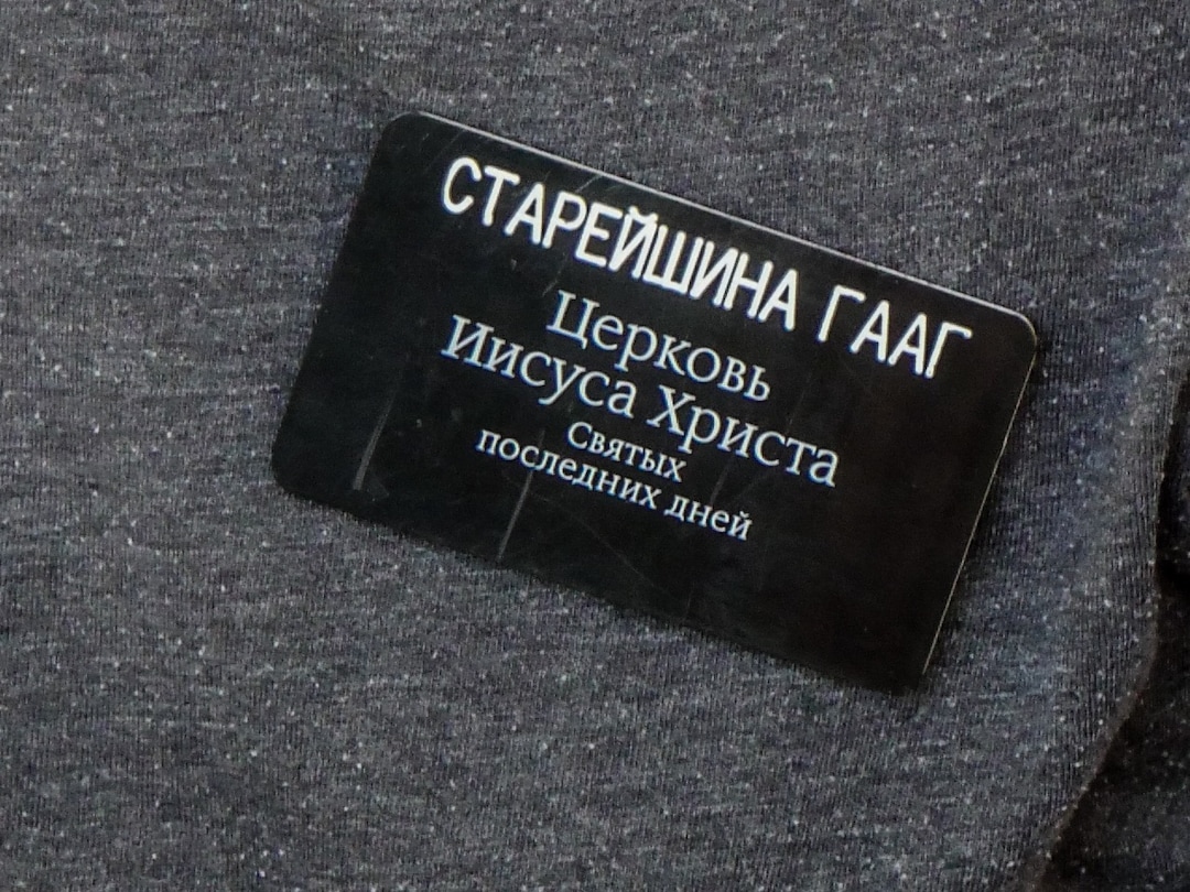 (Michael Stack | Special to The Tribune) Elder David Gaag's Russian language missionary nametag.