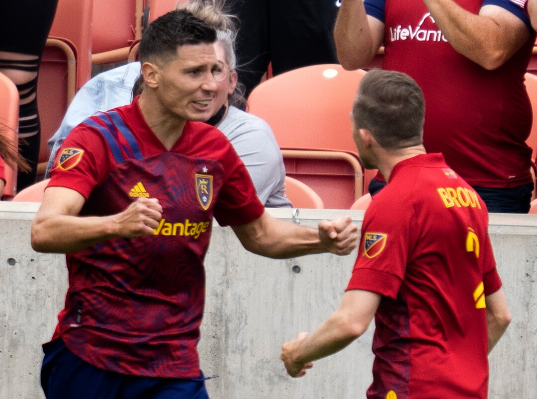(Rick Egan | The Salt Lake Tribune) Real Salt Lake midfielder Damir Kreilach (8) celebrates with Real Salt Lake defender Andrew Brody (2), after scoring the first goal for Real Salt Lake, in MLS action between Real Salt Lake and Sporting Kansas City at Rio Tinto Stadium, onSaturday, May 1, 2021.