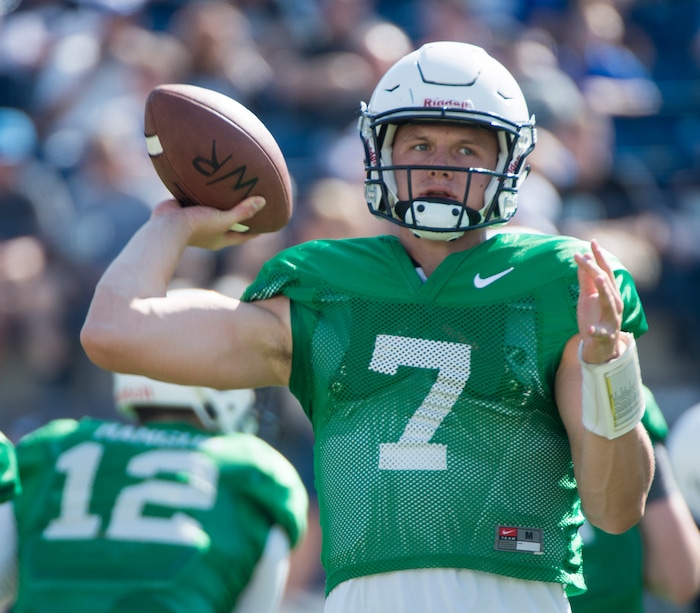 (Rick Egan  |  The Salt Lake Tribune)  BYU quarterback, Beau Hoge (7) runs the offense during  a BYU public scrimmage at Lavell Edwards Stadium, Thursday, August 17, 2017.