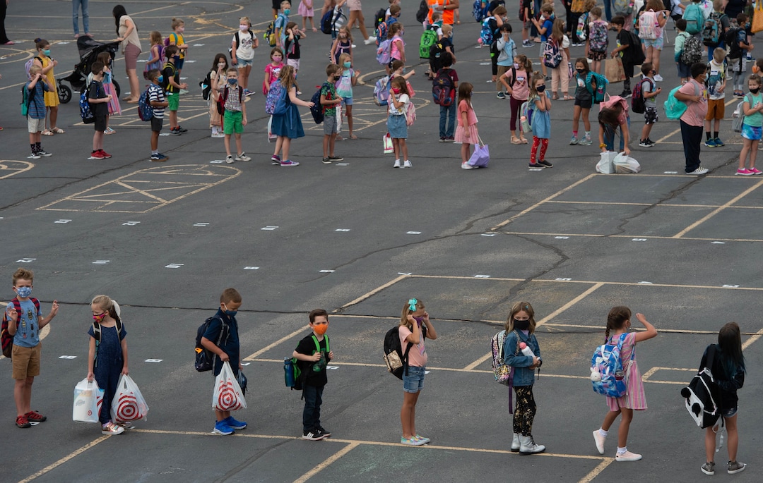 (Francisco Kjolseth  |  The Salt Lake Tribune) Students at Canyon View Elementary in Cottonwood Heights line up on the playground as they go back to school for the first day of classes for the Canyons School District on Monday, August 24, 2020.