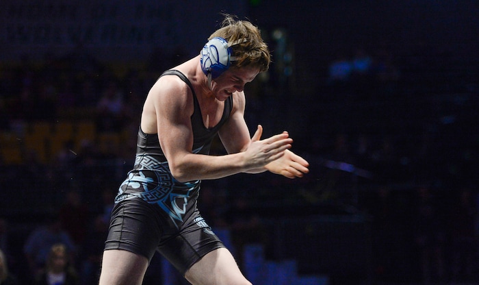 (Francisco Kjolseth  |  The Salt Lake Tribune)  Tyson Humpherys of Layton celebrates his win over Anthony Ridge of Pleasant Grove in the Class 6A 138 weight class state wrestling championship match at the Utah Valley University UCCU Center on Thursday, Feb. 8, 2018.