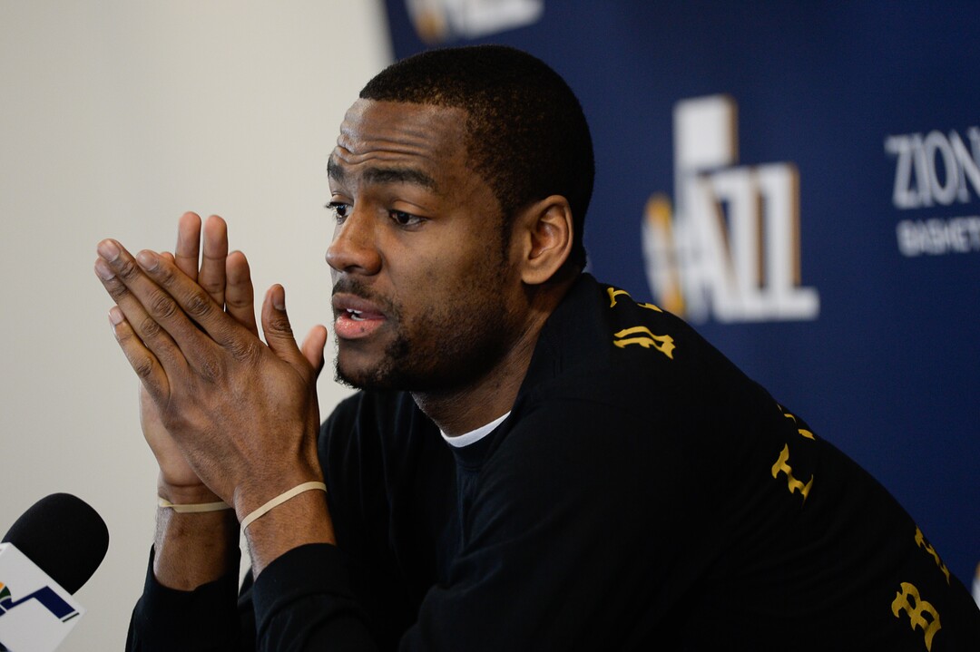 (Francisco Kjolseth  |  The Salt Lake Tribune)  Utah Jazz      guard Alec Burks speaks with the media during exit interviews at their practice facility in Salt Lake City Wed., May 8, 2018, after losing to the Houston Rockets in game 5 of their Western Conference Semifinals during the 2018 NBA Playoffs.