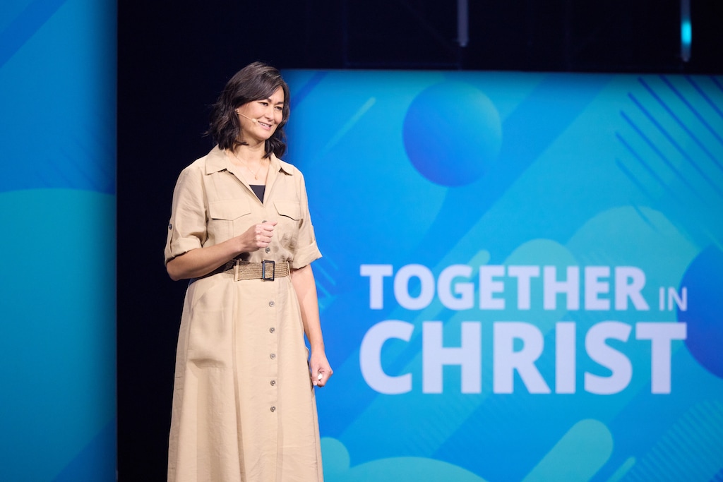 (The Church of Jesus Christ of Latter-day Saints) Kristin M. Yee, second counselor in the Relief Society General Presidency, addresses young adults at the Salt Palace Convention Center in Salt Lake City on Saturday, Aug. 15, 2026.