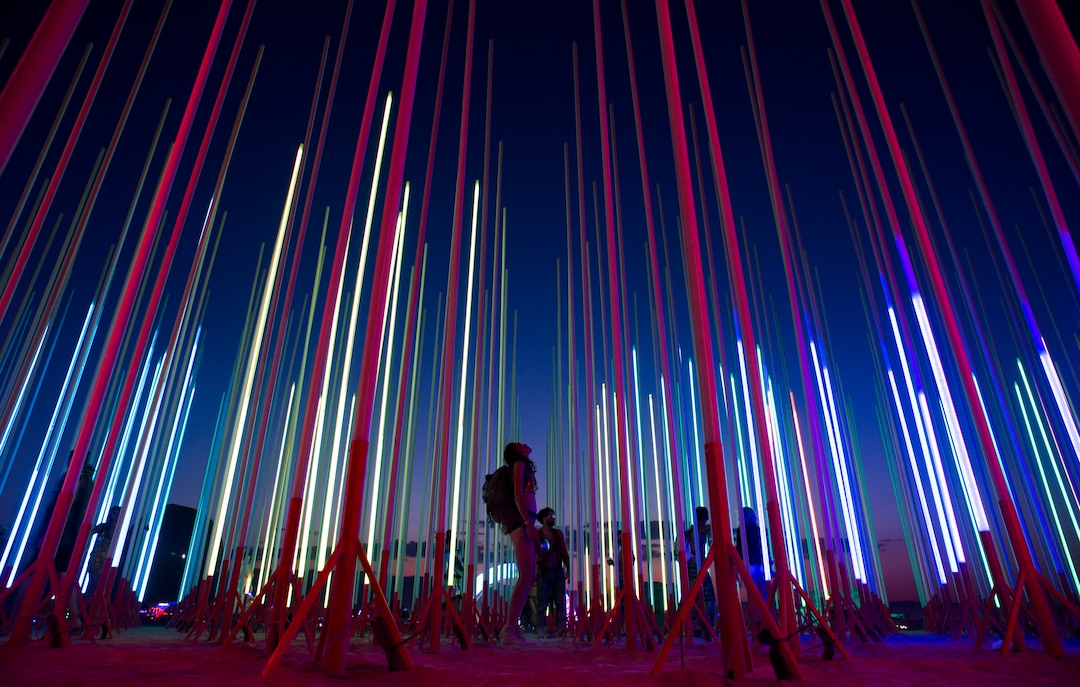 (Rick Egan  |  The Salt Lake Tribune)    "Hexatron" by Mark Lottor, a forest of 486 20ft tall LED light poles, arranged in a hexagon, at Burning Man, Friday, August 31, 2018.