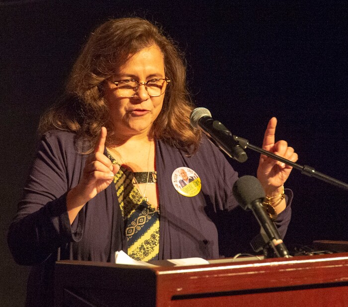 (Rick Egan  |  The Salt Lake Tribune)      Letitia Lester speaks at the memorial service for her father, Robert "Archie" Archuleta, at the Rose Wagner Theatre, Saturday, March 2, 2019.


