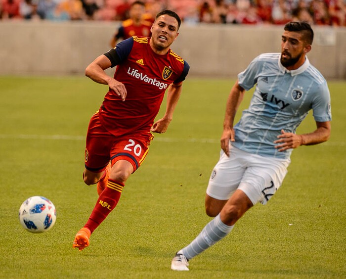 (Trent Nelson | The Salt Lake Tribune)
Real Salt Lake midfielder Luis Silva (20) and Sporting Kansas City defender Emiliano Amor (22) as Real Salt Lake hosts Sporting Kansas City in a U.S. Open Cup match in Sandy, Wednesday June 6, 2018.