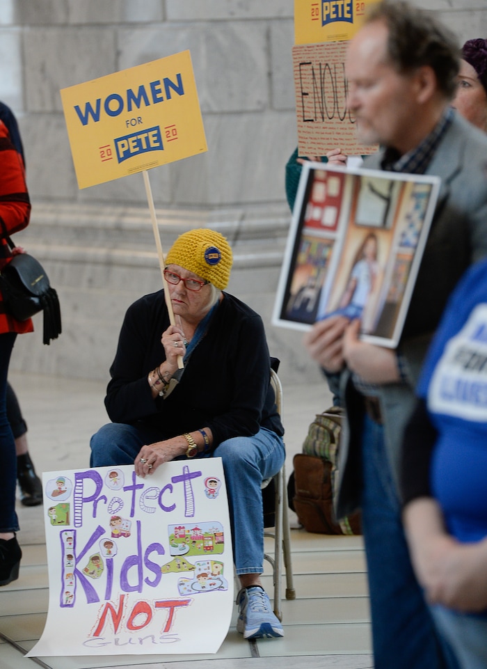 (Francisco Kjolseth  |  The Salt Lake Tribune) Carolyn Williams joins a rally at the Utah Capitol for a mid-session report card for Utah legislators based on their voting records during the 2019 legislative session on gun violence and public safety bills in the Utah Legislature on Saturday, Feb. 15, 2020.