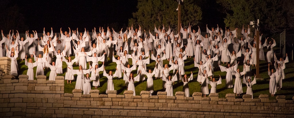 (Rick Egan  |  The Salt Lake Tribune)  Angels above the wall, near the Manti Temple, during the Mormon Miracle Pageant, Wednesday, June 12, 2019.  The final run for the pageant continues through Saturday, June 22.