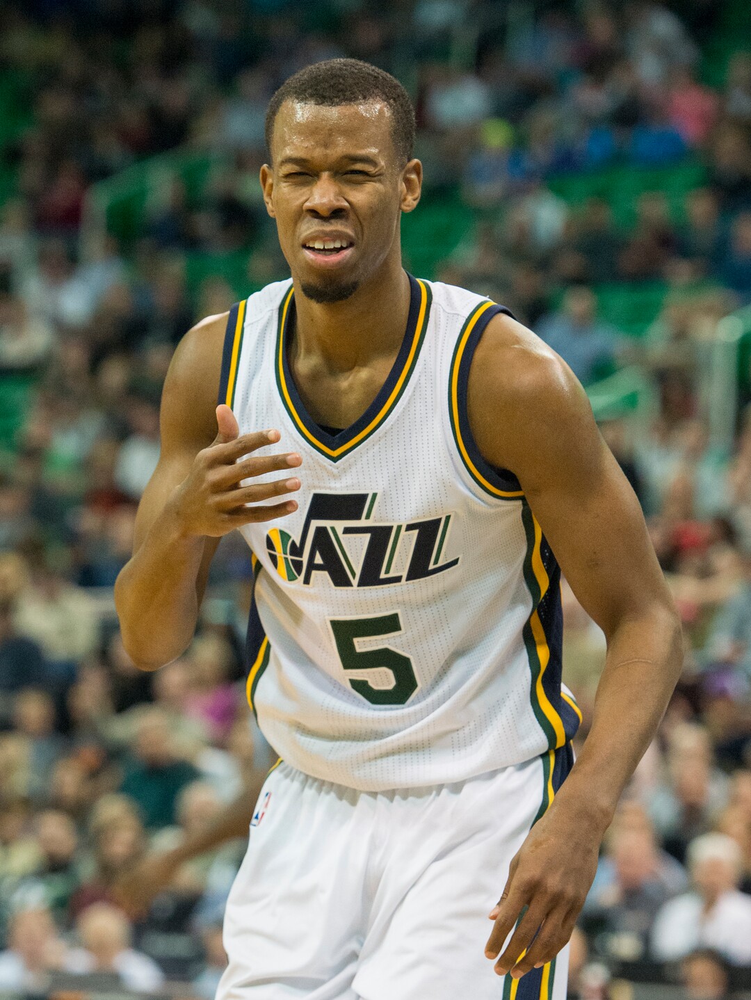 Rick Egan  |  The Salt Lake TribuneUtah Jazz guard Rodney Hood (5) reacts after getting poked in the eye, as he was  fouled by Memphis Grizzlies center Marc Gasol (33) in NBA action Utah Jazz vs. The Memphis Grizzlies in Salt Lake City, Saturday, January 2, 2016. 