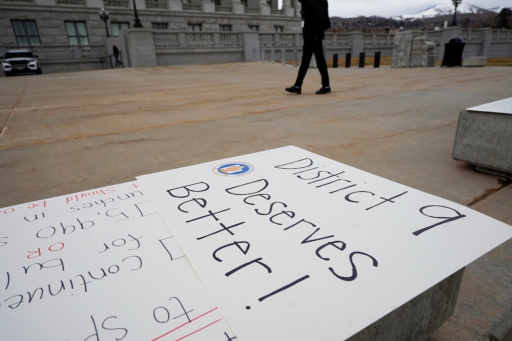 (Chris Samuels | The Salt Lake Tribune) A group calls for Utah State Board of Education member Natalie Cline’s impeachment outside the Capitol in Salt Lake City, Tuesday, Feb. 20, 2024. Natalie Cline's Republican opponent, Amanda Bollinger, says she received thousands in donations the week after Cline questioned the gender of a high school student athlete.