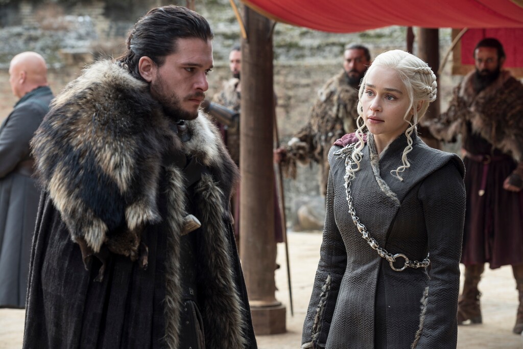 (Macall B. Polay | HBO via Associated Press) Kit Harington, left, and Emilia Clarke on the season finale of "Game of Thrones." The eighth and last season of "Game of Thrones" will return in April 2019 with six episodes to conclude its run.