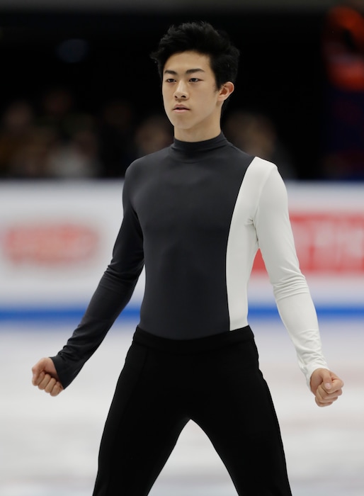 U.S. Nathan Chen performs during mens's short program at the Figure Skating World Championships in Assago, near Milan, Thursday, March 22, 2018. (AP Photo/Luca Bruno)