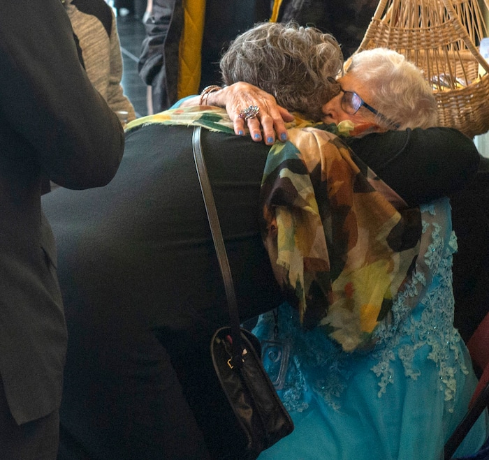 (Rick Egan  |  The Salt Lake Tribune)      Lois Archuleta greets friends and loved ones of her husband of 60-years, at the Memorial service for Robert "Archie" Archuleta, at the Rose Wagner Theatre, Saturday, March 2, 2019.


