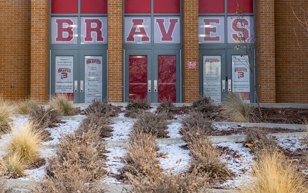 (Francisco Kjolseth  |  The Salt Lake Tribune) Current naming is pictured around Bountiful High on Monday, Nov. 30, 2020 after the school announced it would to retire The Braves name.