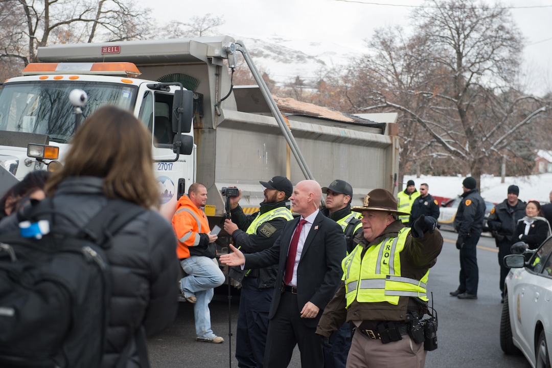 (Rachel Molenda  |  The Salt Lake Tribune)  Police ask protesters to move to a "free speech zone" one block away at the capitol building in Salt Lake City, Utah, on Monday, December 4, 2017.