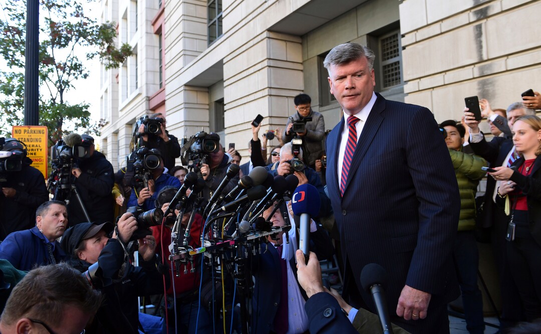 Kevin Downing, attorney for Paul Manafort, turns aways after speaking to reporters outside federal court in Washington, Monday, Oct. 30, 2017. President Donald Trump's former campaign chairman, Manafort, and Manafort's business associate Rick Gates face decades in federal prison and millions of dollars in potential fines if convicted on all counts in a sprawling federal indictment unsealed Monday. They both plead not guilty to all charges. (AP Photo/Susan Walsh)