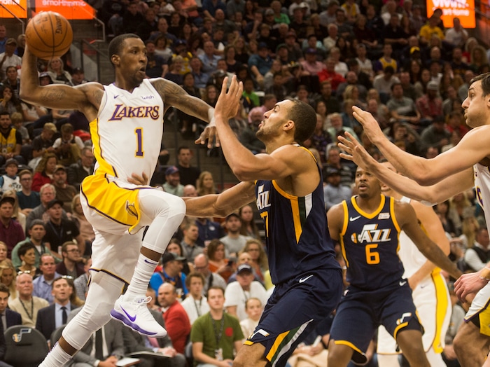 (Rick Egan  |  The Salt Lake Tribune)  Los Angeles Los Angeles Lakers guard Kentavious Caldwell-Pope (1)) tries too pass the ball, as Utah Jazz center Rudy Gobert (27) defends, in NBA action, Utah Jazz vs. Los Angeles Lakers, in Salt Lake City, Saturday, October 28, 2017.