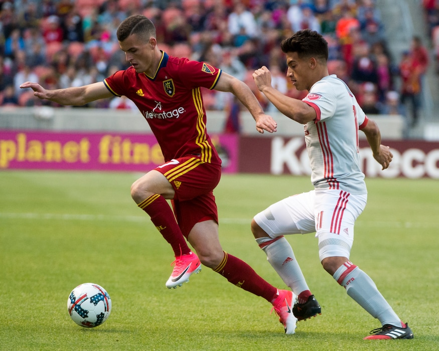 Rick Egan  |  The Salt Lake TribuneReal Salt Lake forward Brooks Lennon (27) gets past Atlanta United midfielder Yamil Asad (11), in Real Salt Lake Vs. Atlanta United, at Rio Tinto Stadium, Wednesday, April 22, 2017.
