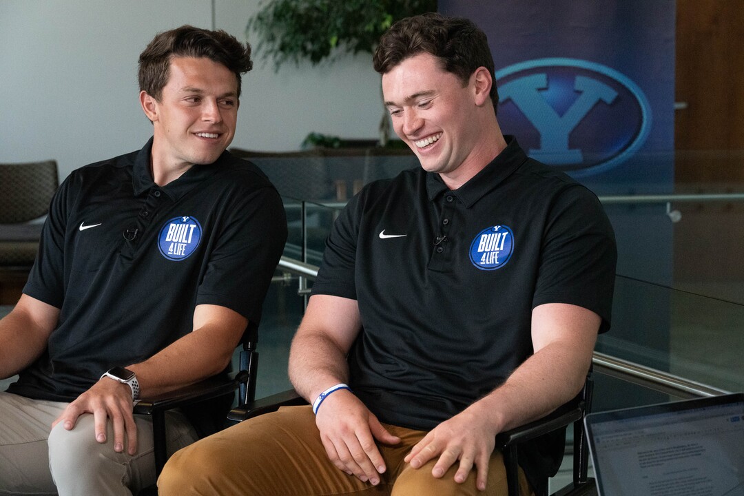 (Francisco Kjolseth | The Salt Lake Tribune) BYU kicker Jake Oldroyd, left, and punter Ryan Rehkow answer interview questions during BYU Football Media Day at the BYU Broadcasting Building in Provo on Thursday, June 17, 2021.