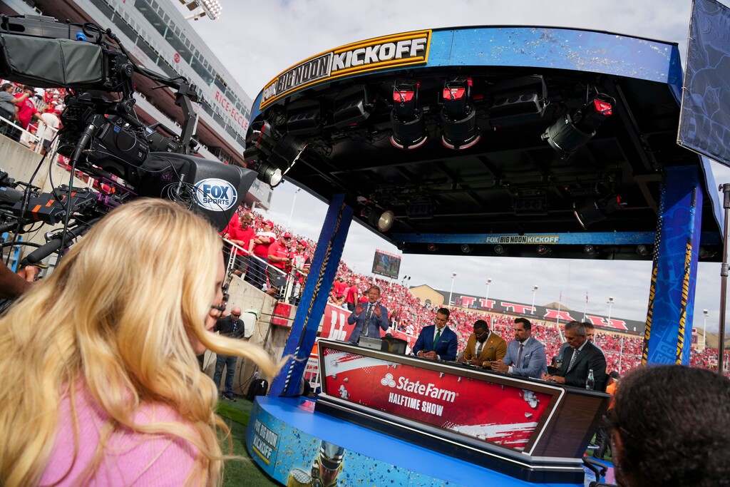 (Bethany Baker  |  The Salt Lake Tribune) Fox college personalities host the Big Noon Kickoff during the game between the Utah Utes and the Texas Tech Red Raiders in Salt Lake City on Saturday, Sept. 20, 2025.