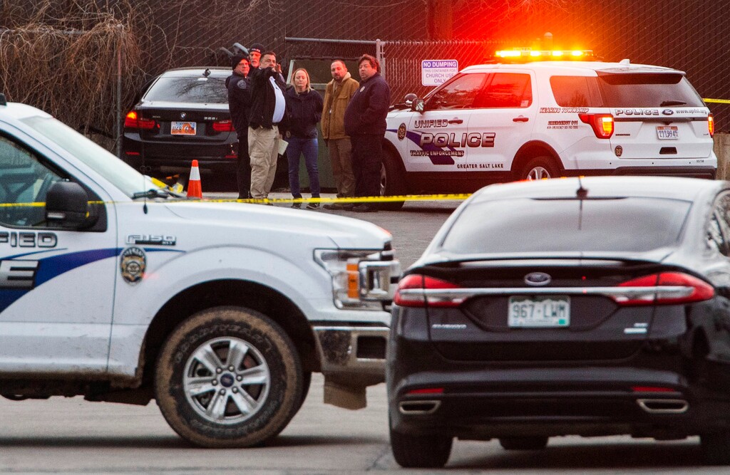 (Rick Egan | The Salt Lake Tribune) Police investigate a shooting in Kearns in an LDS church parking lot, where one person was killer and two were injured, on Tuesday, March 9, 2021.