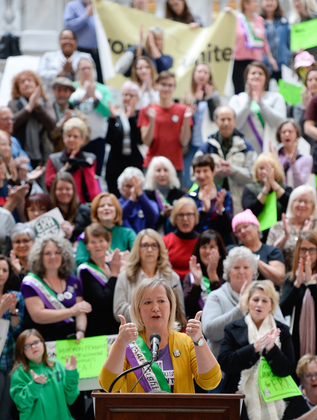 (Francisco Kjolseth  |  The Salt Lake Tribune)  Amy Rich, co-founder of Fair Utah, a nonprofit with a mission to help women help themselves, joins local supporters of the Equal Rights Amendment as they rally at the Utah Capitol on Tuesday, Dec. 3, 2019, to encourage Utah to ratify the ERA.
