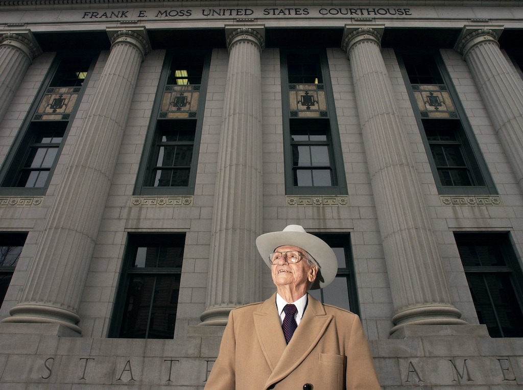 (Steve Griffin  |  Tribune file photo)  Frank Moss stands in front of Salt Lake City's federal courthouse that is named after him, Jan. 31, 2002.