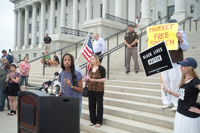 (Rick Egan  |  The Salt Lake Tribune) Mia Love speaks at the "One Utah" Rally for Unity at the State Capitol, Monday, August 14, 2017.


