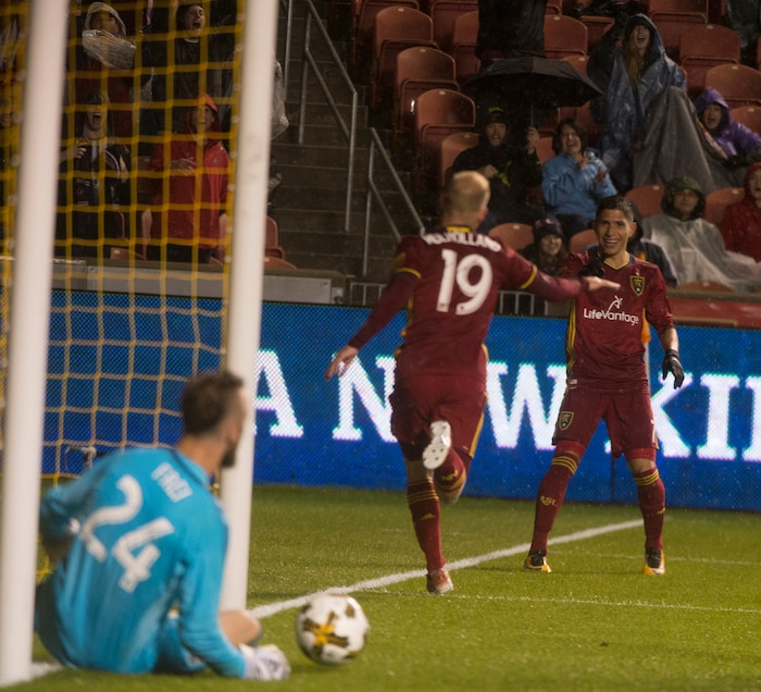 (Rick Egan  |  The Salt Lake Tribune)  Real Salt Lake midfielder Luke Mulholland (19) celebrates with Real Salt Lake forward Jefferson Savarino (7), after scoring a goal, in MLS soccer action, Real Salt Lake vs Seattle Sounders, in Sandy, Saturday, September 23, 2017.