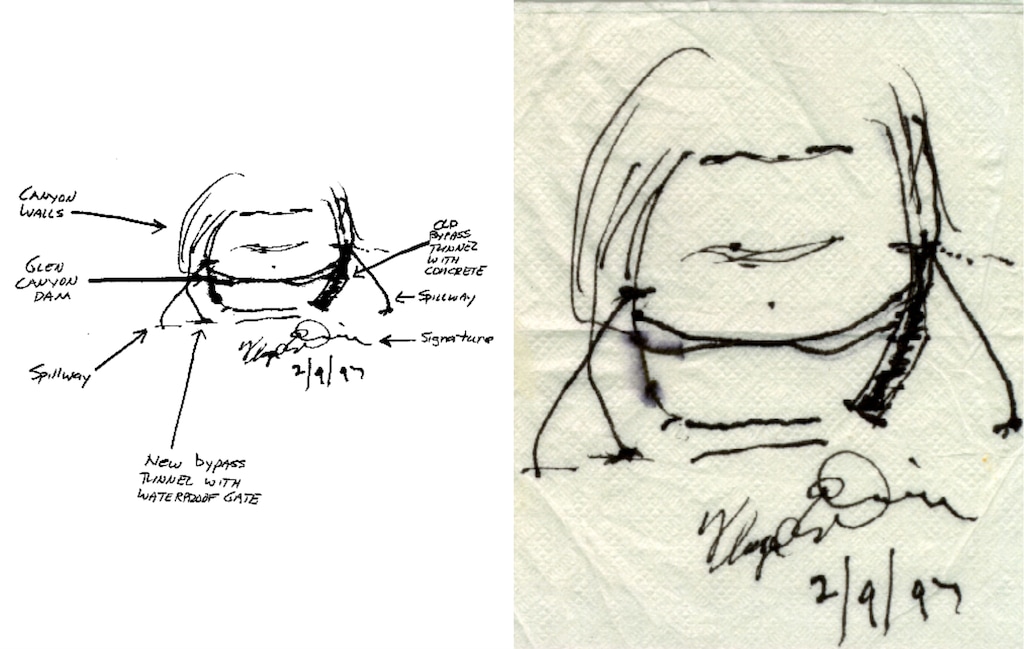 Sketches by Floyd Dominy show the way he'd end the Glen Canyon Dam.