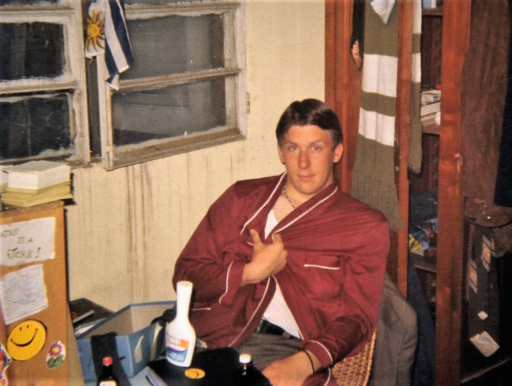 (Courtesy photo) Elder Robert Kirby is shown with a package from home and his protection beads while on his Mormon mission in Las Piedras, Uruguay, in 1975.