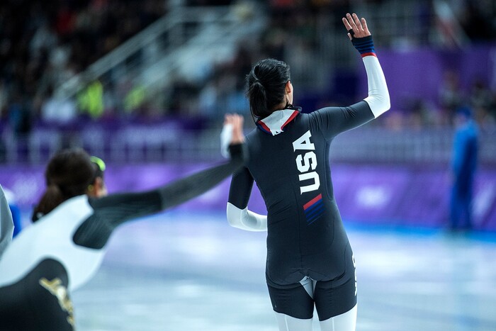 (Chris Detrick  |  The Salt Lake Tribune) USA's Brittany Bowe competes in the Ladies' 500m at the Gangneung Oval during the Pyeongchang 2018 Winter Olympics Sunday, Feb. 18, 2018. Bowe finished in 5th place with a time of 37.530. 