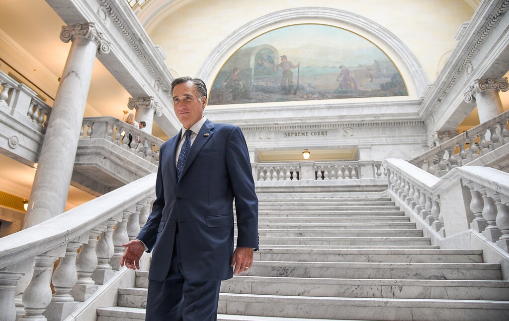 (Francisco Kjolseth  |  The Salt Lake Tribune)  Sen. Mitt Romney wraps up a series of meetings with state lawmakers at the Utah Capitol on Thursday, Feb. 21, 2019.
