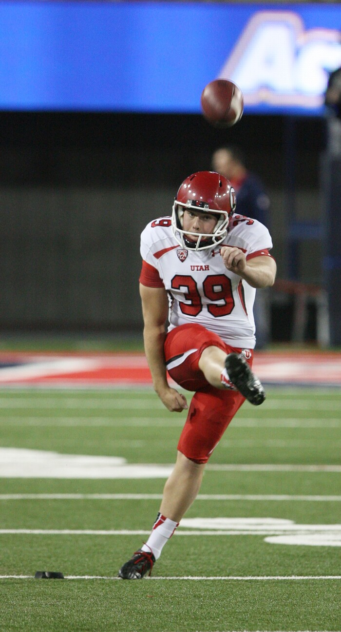 (Steve Griffin  |  Tribune File Photo)  Utah Utes kicker Andy Phillips (39) practices prior to kickoff in the University of Utah versus University of Arizona football game at Arizona Stadium in Tucson, AZ Saturday, October 19, 2013.