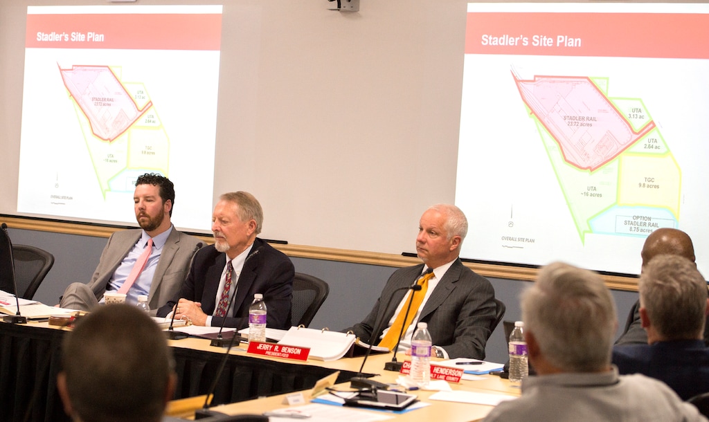 (Leah Hogsten  |  Tribune file photo)
l-r Jayme Blakesley, general counsel; Board Chairman Robert McKinley; and UTA President and CEO Jerry Benson Wednesday, April 26, 2017.
