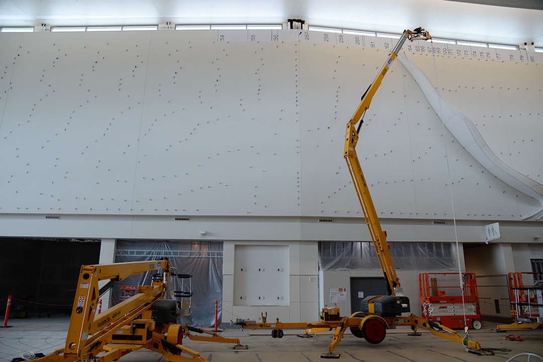 (Francisco Kjolseth  |  The Salt Lake Tribune) The area known as The Canyon begins to take shape with crews stretching fabric over metal fins to simulate southern Utah canyon walls as crews continue their work in the first phase of construction of the Salt Lake City International Airport on Wednesday, May 20, 2020.