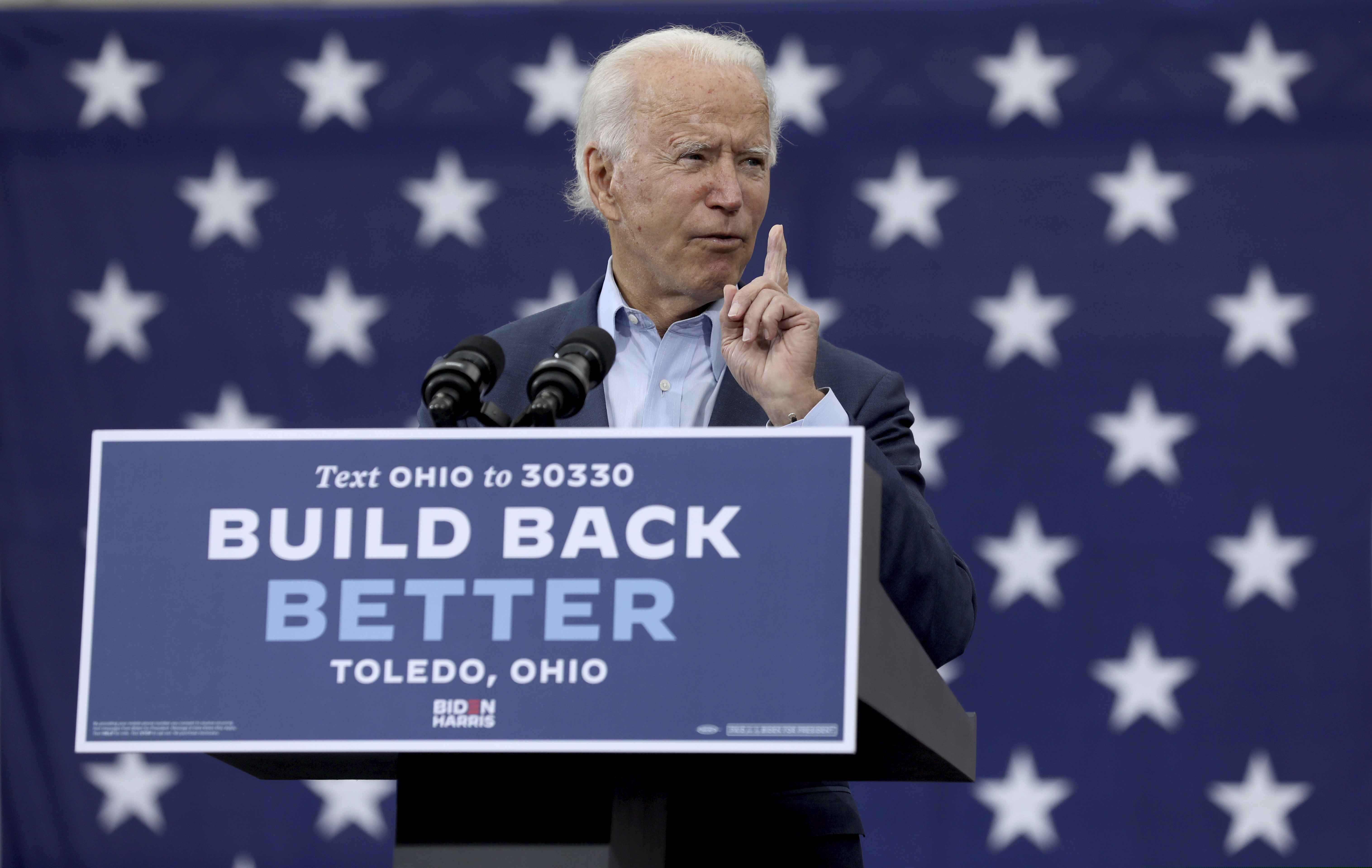 Presidential candidate Joe Biden speaks at a drive-in rally at UAW Local 14 in Toledo, Ohio, on Monday, Oct. 12, 2020. (Lori King/The Blade via AP)