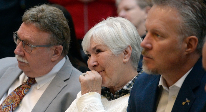 (Al Hartmann  |  The Salt Lake Tribune) 	
Husband Kim Wilson, left, Gail Miller and son Greg Miller present at announcement  at the University of Utah Medical Center Nov. 13 that the University of Utah will receive a $5.3 million gift from Larry H. and Gail Miller Family Foundation to fight diabetes, called "Driving Out Diabetes:  A Larry H. Miller Wellness Initiative."