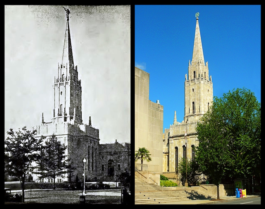 (Reed Russell) Then and now: the Washington Chapel pictured around the time of its construction, left, and as it appears to day, right. Located in the nation's capital, the 1933 building, currently owned by the Unification Church, tells about the coming of age of The Church of Jesus Christ of Latter-day Saints.