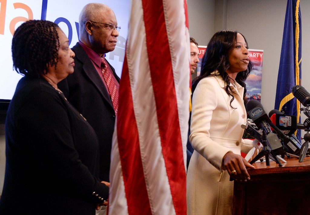 (Leah Hogsten | The Salt Lake Tribune) Mia Love, the former two-term Republican representative from Utah's 4th Congressional District held a news conference at the Utah Republican Party headquarters in 2018. Love was joined at the lectern by her parents, Mary Bourdeau and Jean Maxine Bourdeau, husband Jason, daughter Alessa and son Peyton. Love has died at age 49.