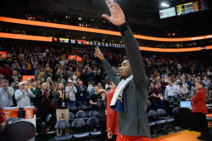 (Francisco Kjolseth  |  The Salt Lake Tribune)  Utah Jazz guard Donovan Mitchell (45) celebrates after a win over the Nuggets 118-108 where he scored his career high of 46 points in a game for the second time following their NBA game at Vivint Smart Home Arena Tuesday, April 9, 2019, in Salt Lake City.