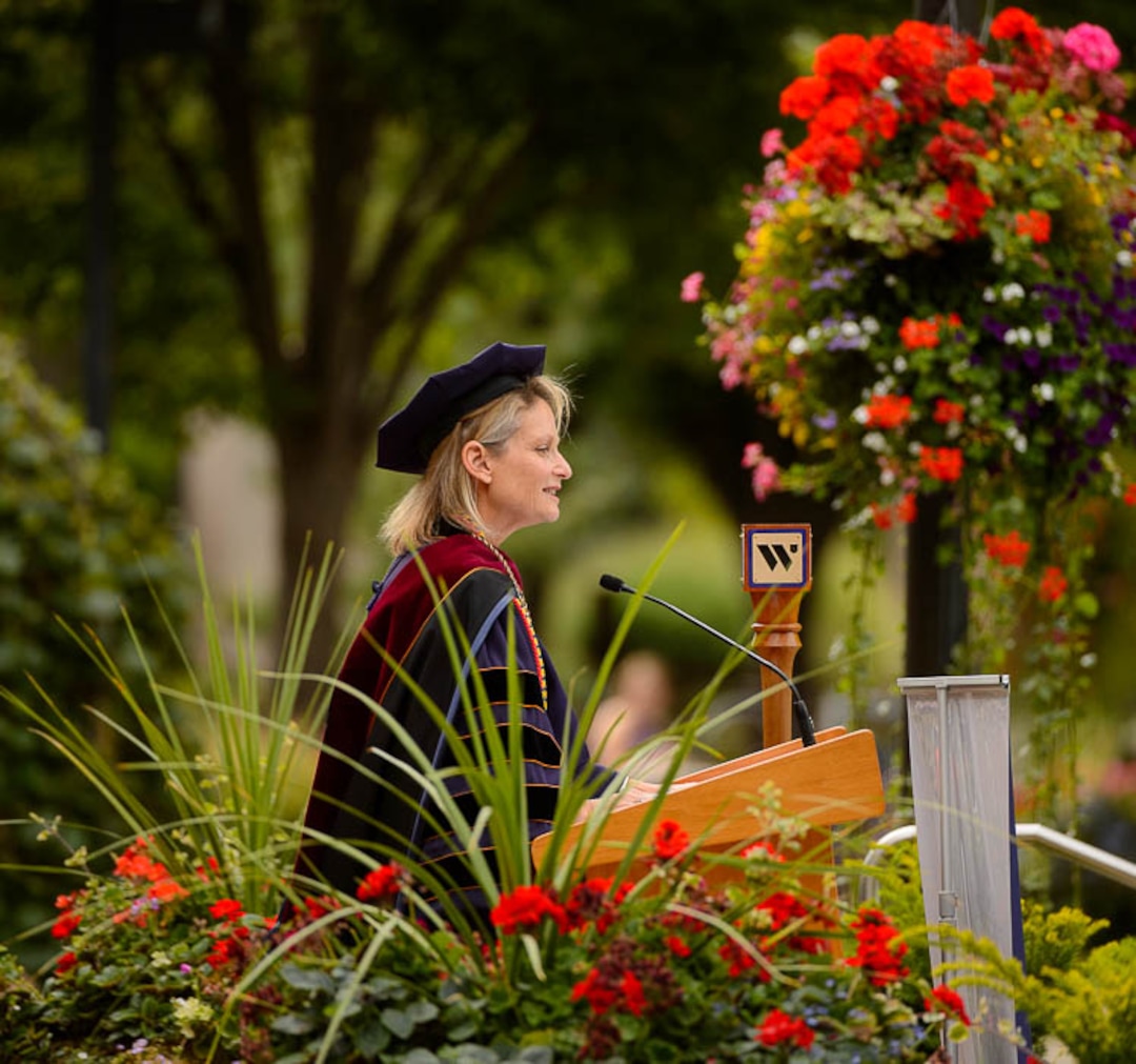 (Trent Nelson | The Salt Lake Tribune) Bethami Dobkin speaks at her inauguration as Westminster College's 19th president in front of the school's Converse Hall in Salt Lake City, Saturday, Sept. 29, 2018.