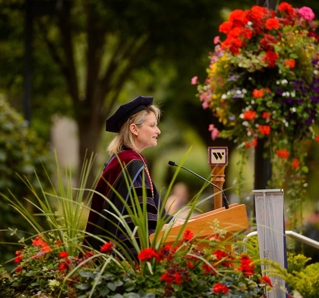 (Trent Nelson|The Salt Lake Tribune) Bethami Dobkin speaks at her inauguration as president of Westminster College, now Westminster University, at Converse Hall in Salt Lake City, Saturday, Sept. 29, 2018. In April 2025, Dobkin was the only higher education leader in the state to sign onto a leader condemning President Donald Trump's attempts to exert control over universities and colleges.