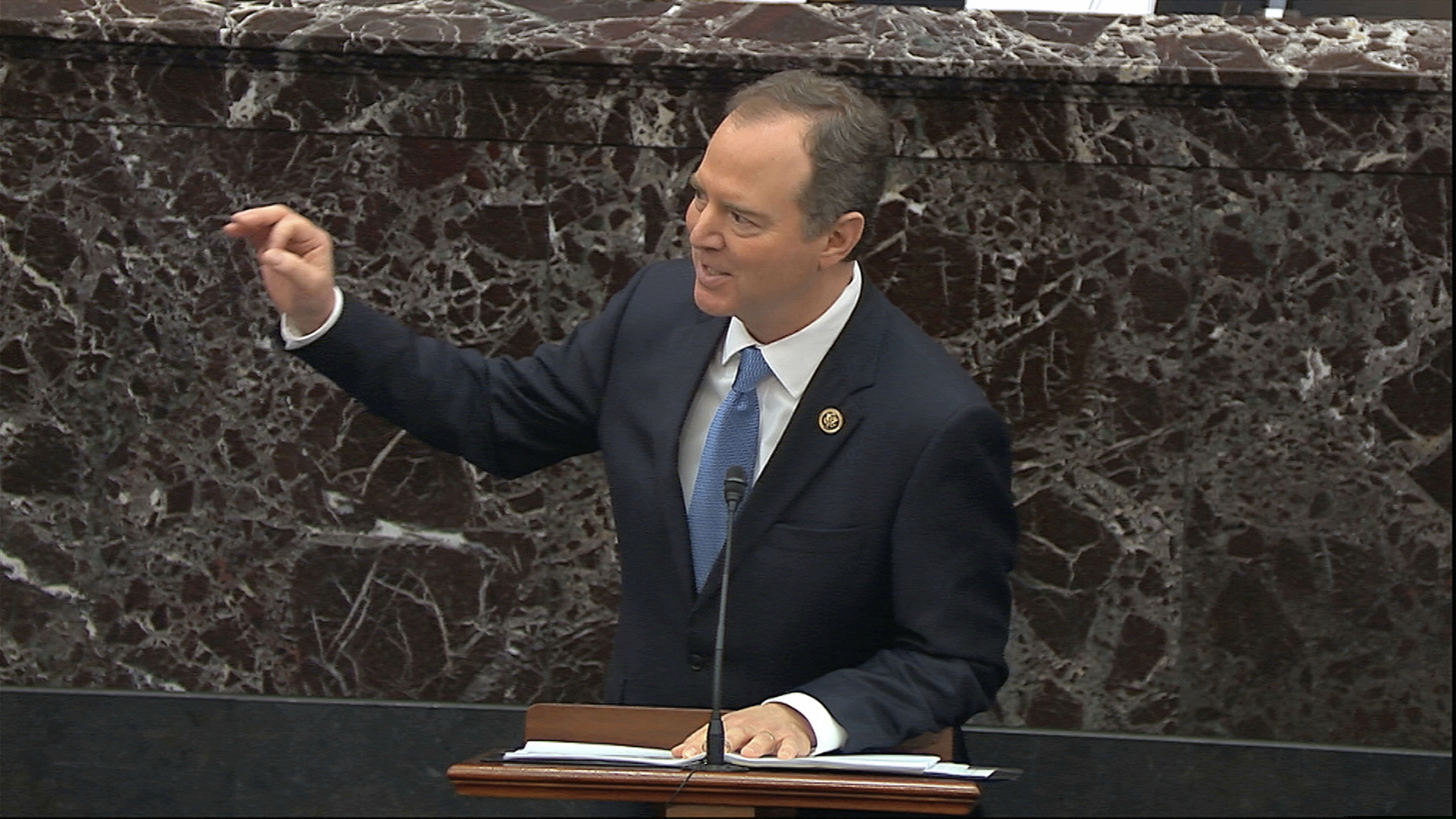 (Senate Television via AP) In this image from video, House impeachment manager Rep. Adam Schiff, D-Calif., speaks during the impeachment trial against President Donald Trump in the Senate at the U.S. Capitol in Washington, Thursday, Jan. 23, 2020.