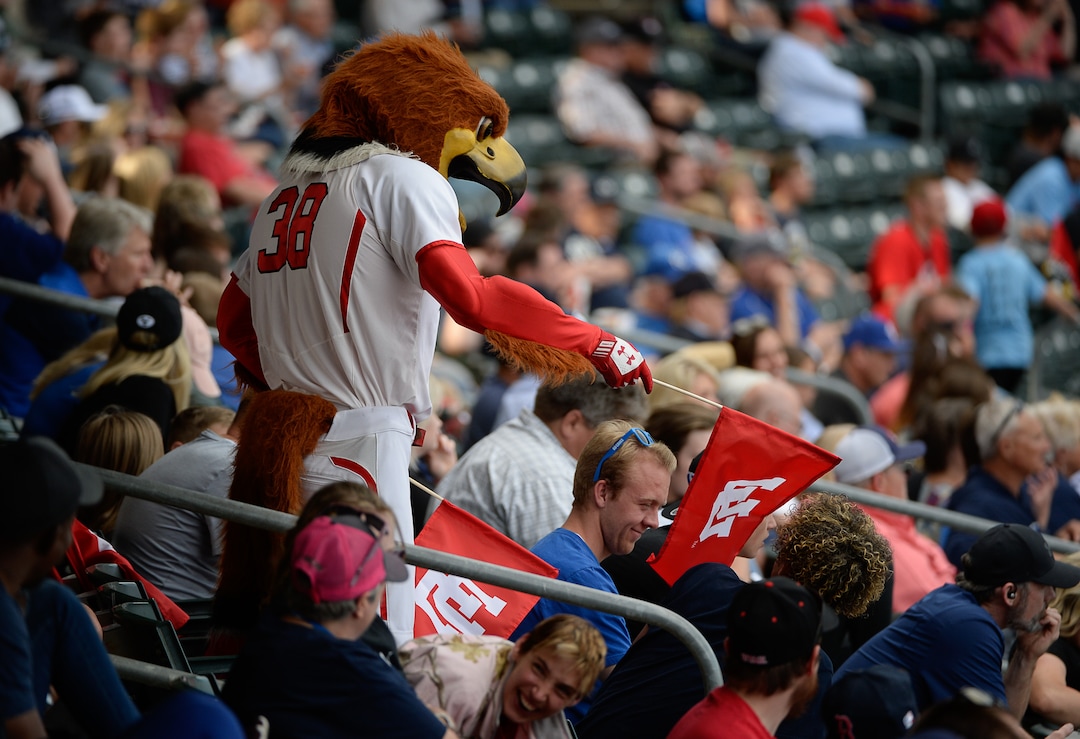 (Francisco Kjolseth  |  The Salt Lake Tribune)  Swoop has a little fun with the BYU fans as Utah and BYU renew their rivalry on the baseball diamond as they battle it out at Smith's Ballpark in Salt Lake City on Tuesday, May 14, 2019.