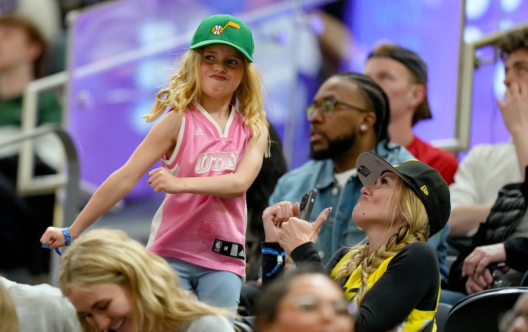 (Francisco Kjolseth  |  The Salt Lake Tribune) A young Jazz fan gets into the spirit of the game as the Utah Jazz host the Cleveland Cavaliers at the Delta Center in Salt Lake City on Tuesday, April 2, 2024.