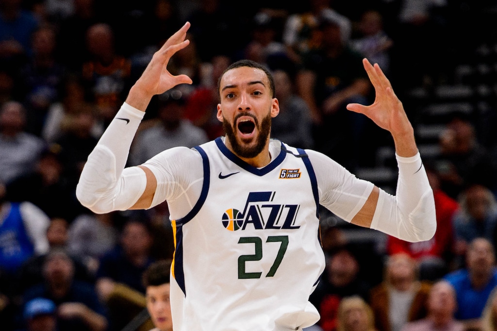(Trent Nelson  |  The Salt Lake Tribune) Utah Jazz center Rudy Gobert (27) reacts to a call as the Utah Jazz host the Dallas Mavericks, NBA basketball in Salt Lake City on Saturday, Jan. 25, 2020.